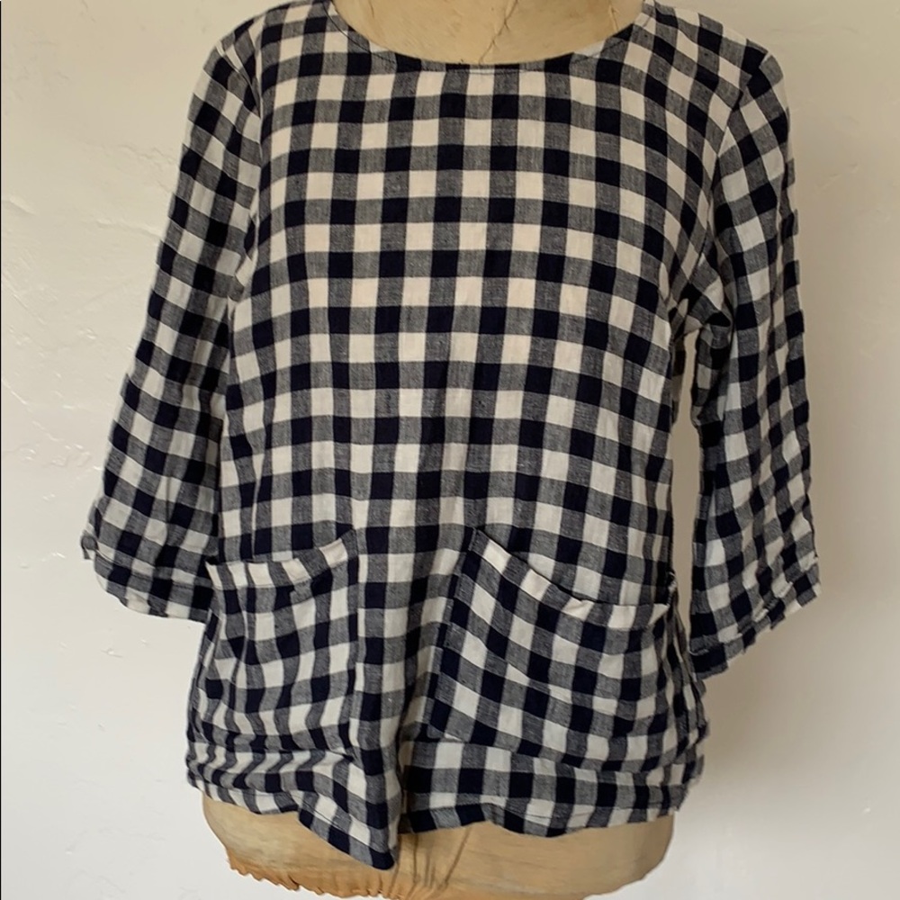 Pyne & Smith handmade blue check linen top